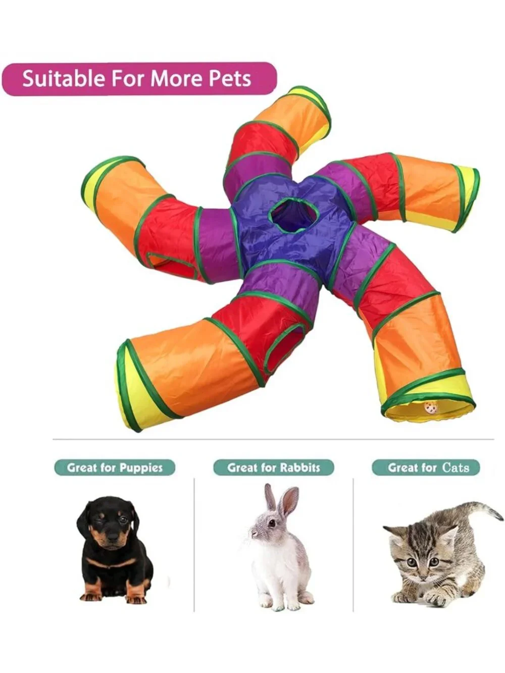 Colorful Cat Tunnel Tube with 6 Peek Holes - Collapsible 5-Way Play Maze for